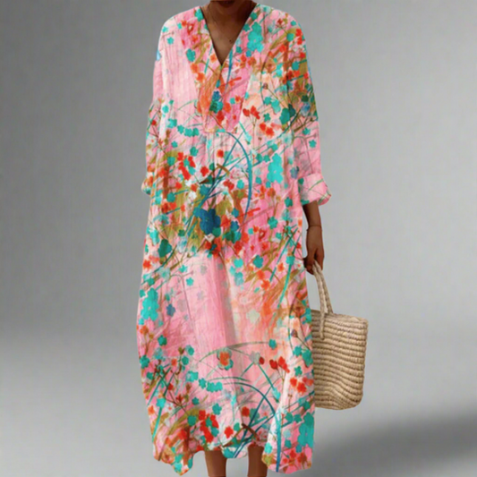Women's Relaxed Fit Summer Dress with V-Neckline and Abstract Print