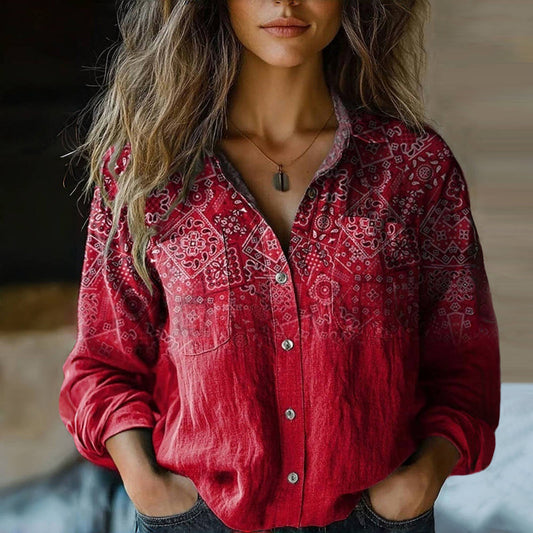 Women's Relaxed Fit Vintage Blouse with Artistic Prints