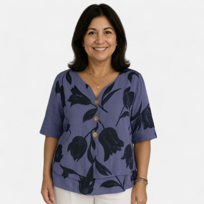Women's Relaxed Floral Blouse with Button-Down Front for Summer