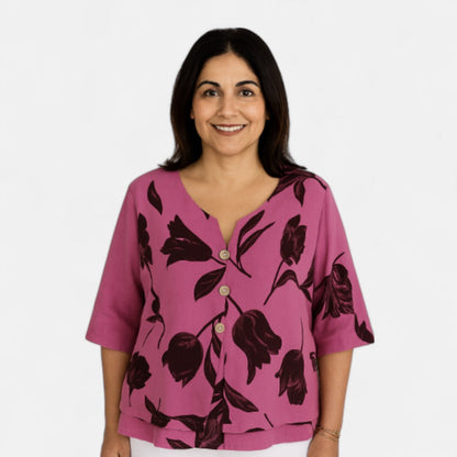 Women's Relaxed Floral Blouse with Button-Down Front for Summer