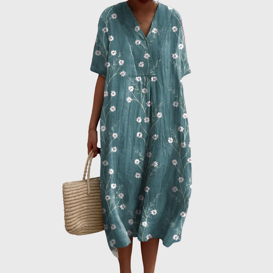 Women's Relaxed Floral Midi Dress with V-Neckline and Short Sleeves