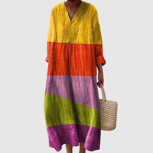 Women's Relaxed Maxi Dress with Color Block Stripes