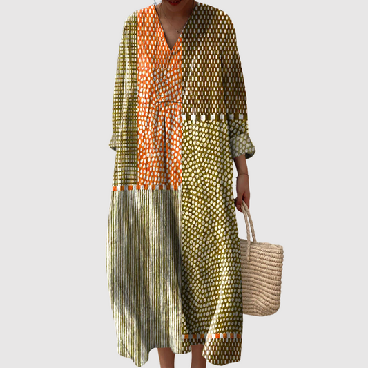 Women's Relaxed Maxi Dress with Patchwork Design and Long Sleeves