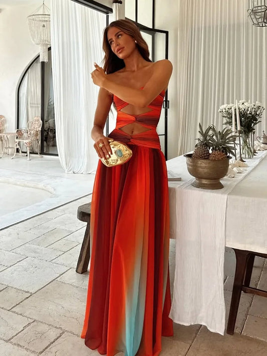 Women's Relaxed Maxi Dress with Strapless Neckline for Summer Occasions