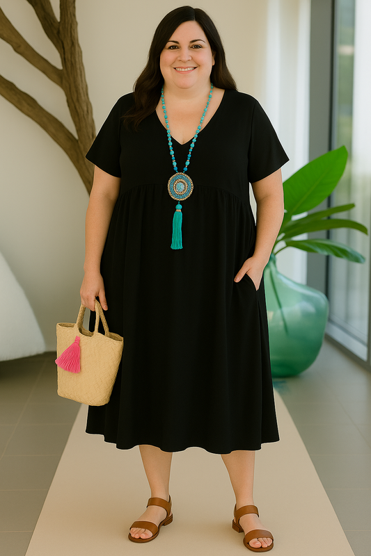 Women's Relaxed Maxi Dress with Tummy Coverage and V-Neck