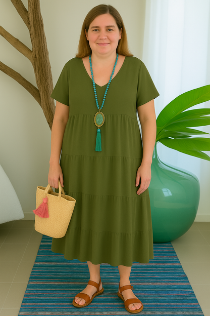 Women's Relaxed Maxi Dress with Tummy Coverage and V-Neck