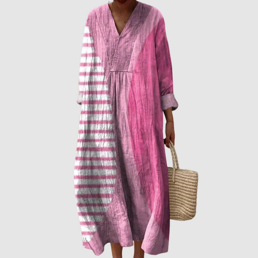 Women's Relaxed Midi Dress with Abstract Pattern and V-Neck Design