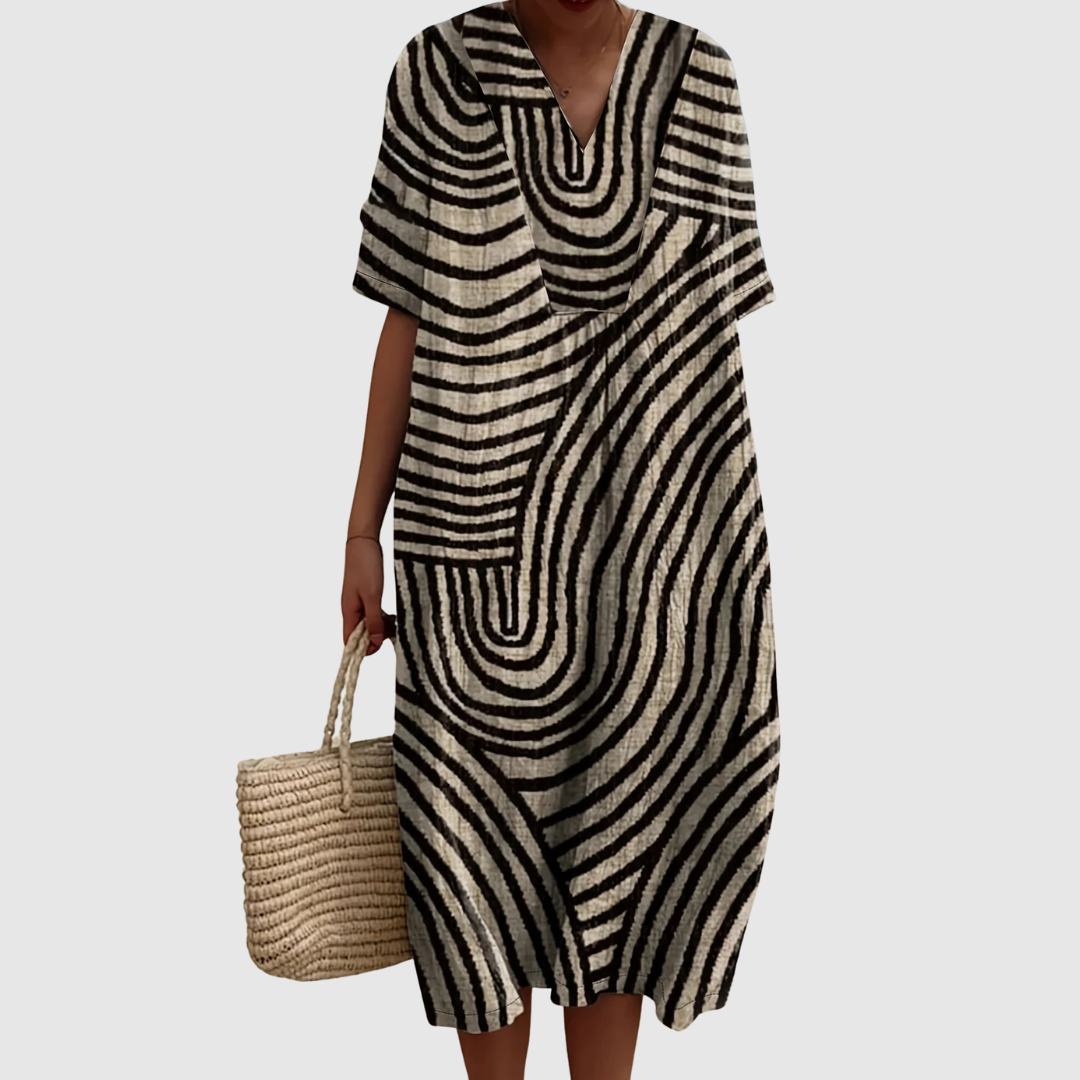 Women's Relaxed Midi Dress with Abstract Pattern and V-Neckline