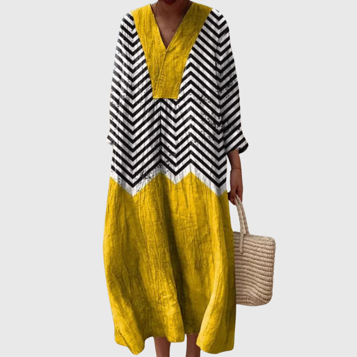 Women's Relaxed Midi Dress with Chevron Pattern and Long Sleeves