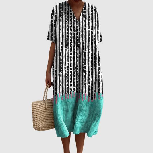 Women's Relaxed Midi Dress with Dot-Stripe Pattern