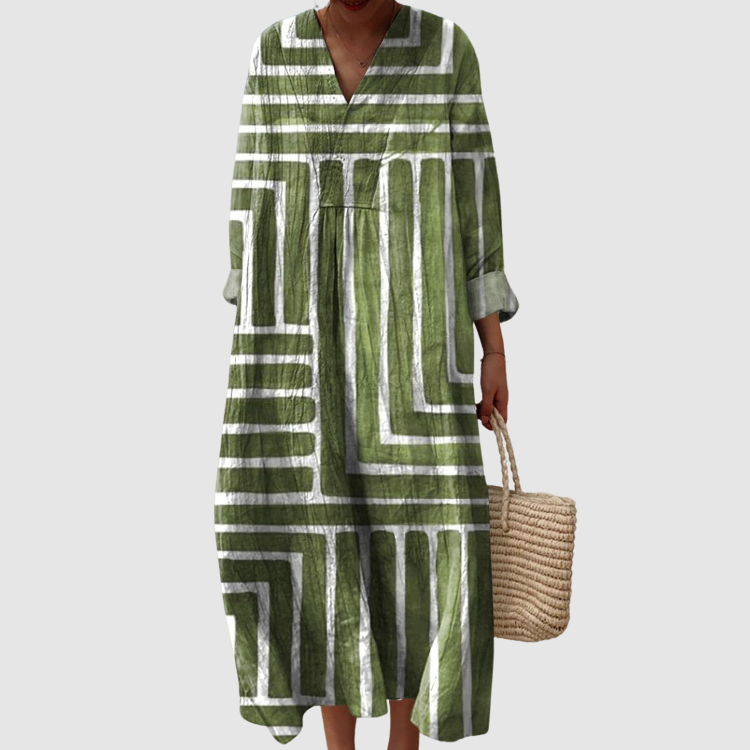 Women's Relaxed Midi Dress with Geometric Pattern and V-Neckline