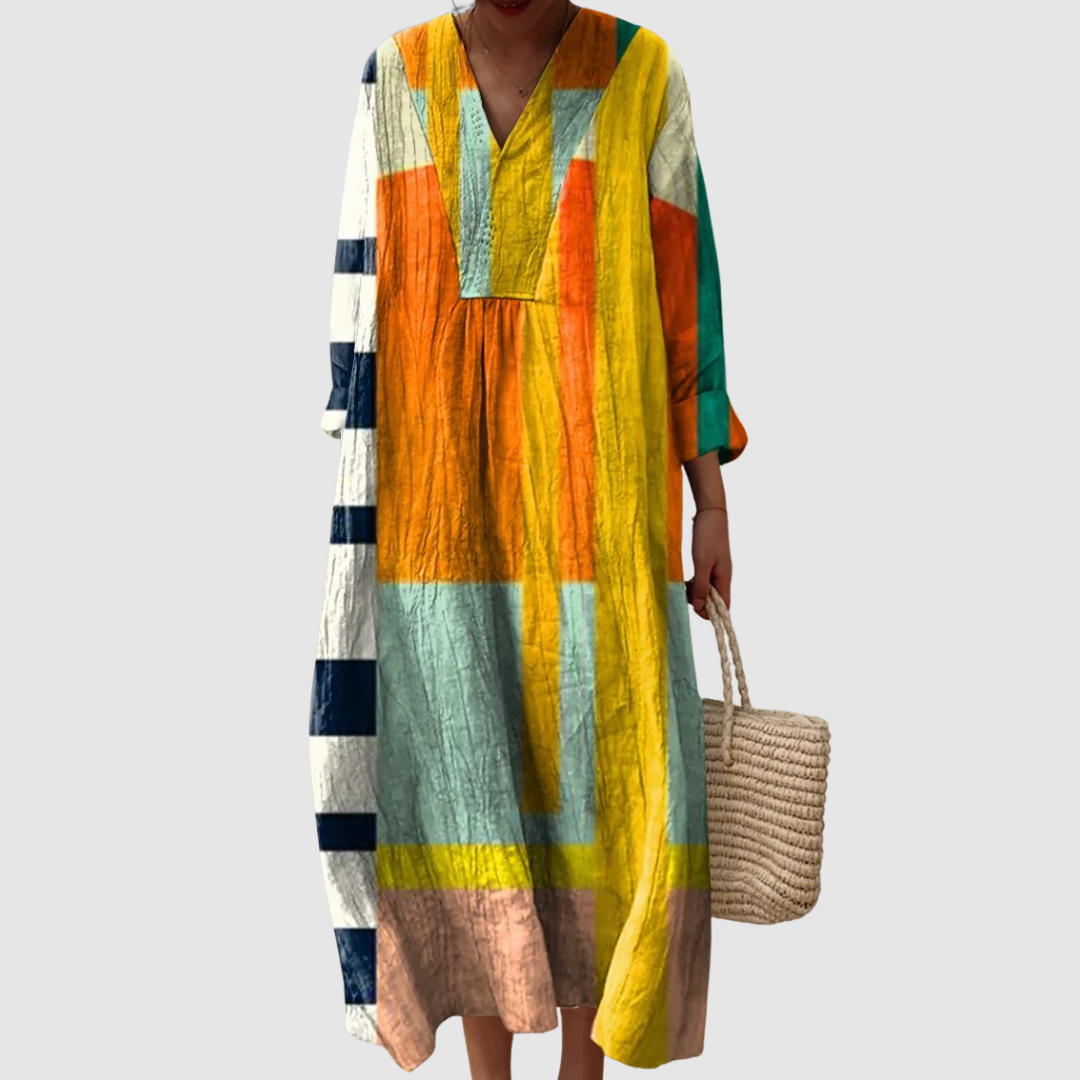 Women's Relaxed Midi Dress with Long Sleeves and Unique Block Print Design