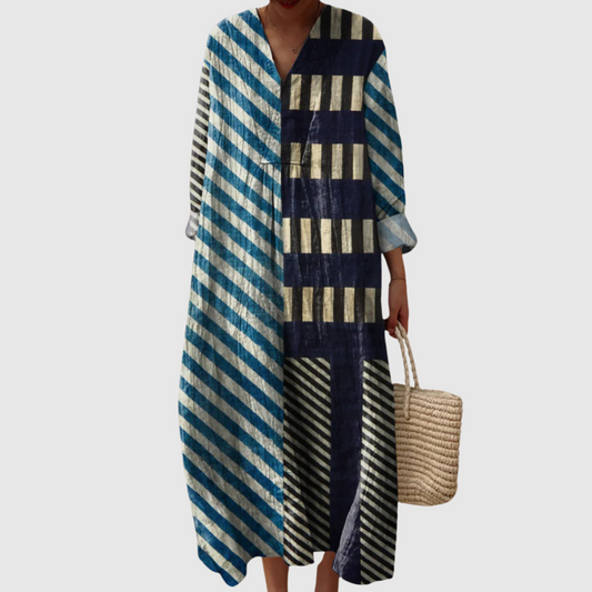 Women's Relaxed Midi Dress with V-Neck and Long Sleeves
