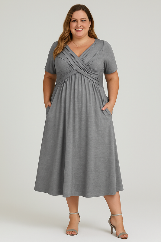 Women's Relaxed Midi Dress with V-Neck and Pleated Design and Side Pockets