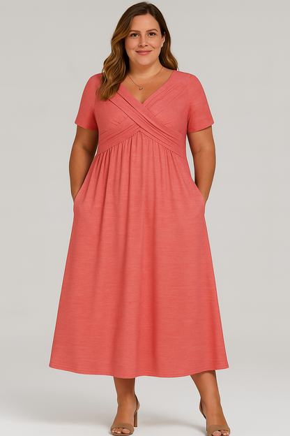 Women's Relaxed Midi Dress with V-Neck and Pleated Design and Side Pockets