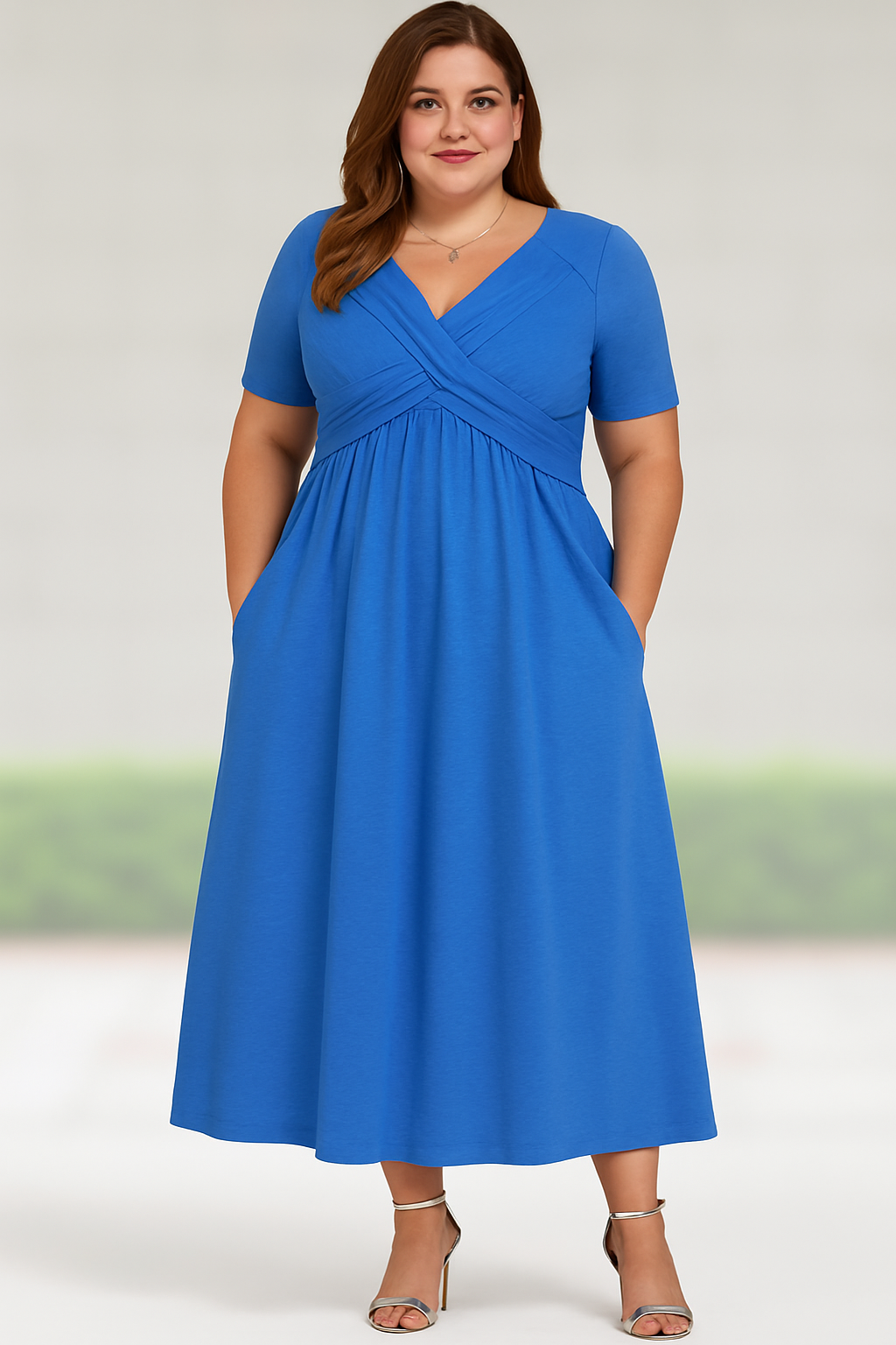 Women's Relaxed Midi Dress with V-Neck and Pleated Design and Side Pockets