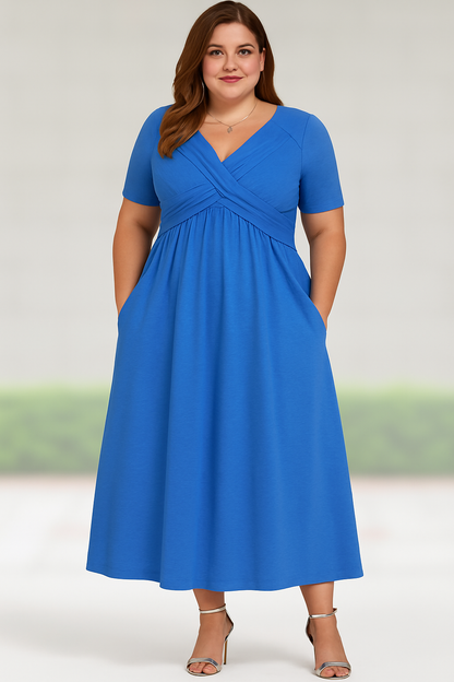 Women's Relaxed Midi Dress with V-Neck and Pleated Design and Side Pockets