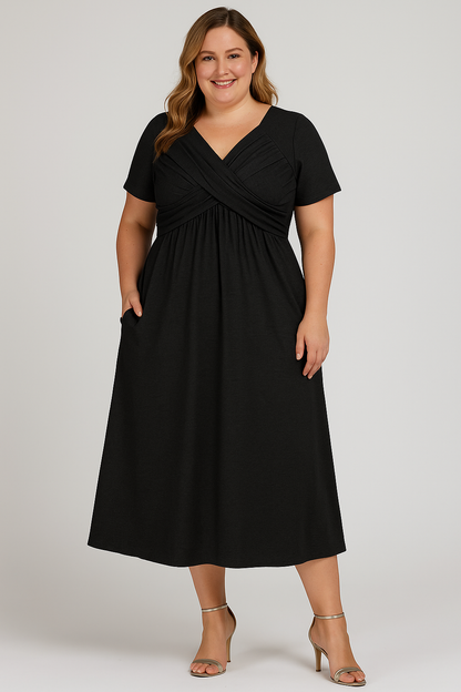 Women's Relaxed Midi Dress with V-Neck and Pleated Design and Side Pockets
