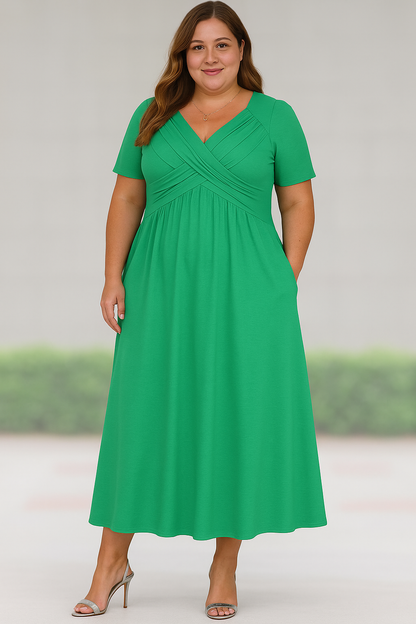 Women's Relaxed Midi Dress with V-Neck and Pleated Design and Side Pockets