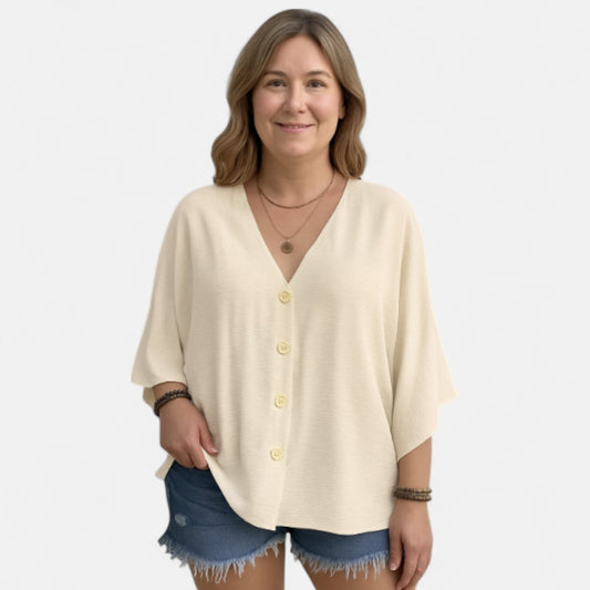 Women's Relaxed Oversized Shirt with ¾ Sleeves for Casual Wear
