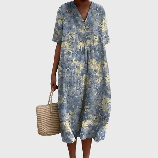 Women's Relaxed V-Neck Midi Dress with Floral Pattern