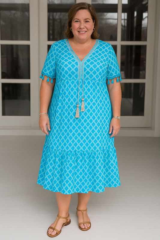 Women's Relaxed V-Neck Summer Dress with Empire Waist and Ruffle Hem