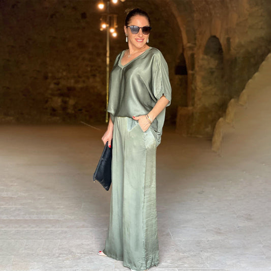 Women's V-Neck Two Piece Set with Matching Pants