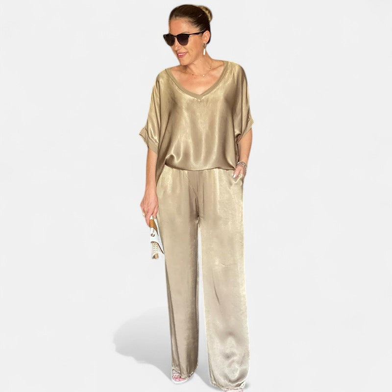 Women's V-Neck Two Piece Set with Matching Pants