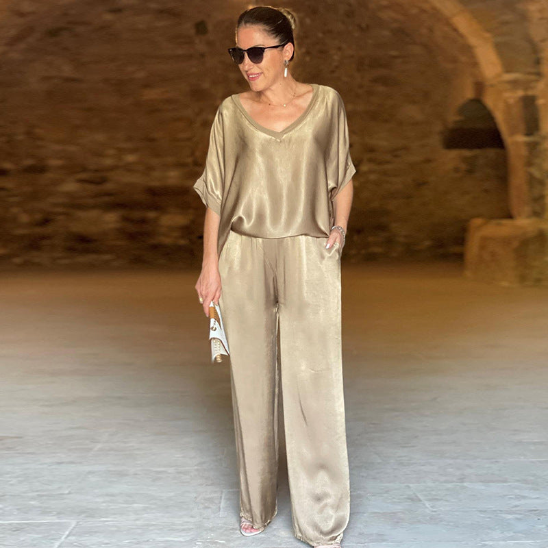 Women's V-Neck Two Piece Set with Matching Pants