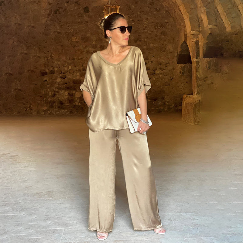 Women's V-Neck Two Piece Set with Matching Pants