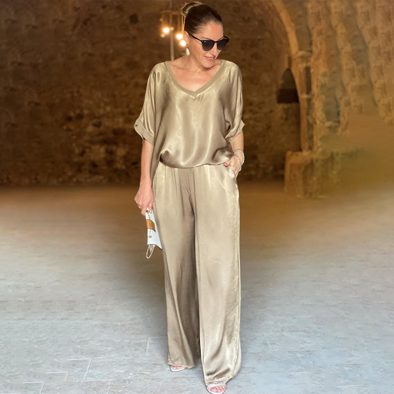 Women's V-Neck Two Piece Set with Matching Pants