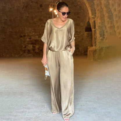 Women's V-Neck Two Piece Set with Matching Pants