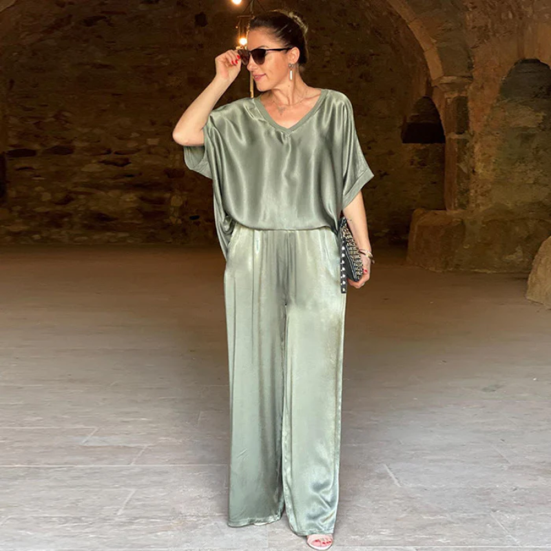 Women's V-Neck Two Piece Set with Matching Pants