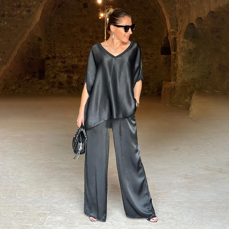 Women's V-Neck Two Piece Set with Matching Pants