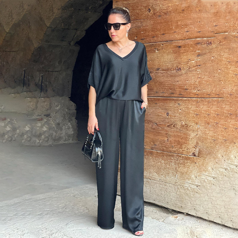 Women's V-Neck Two Piece Set with Matching Pants