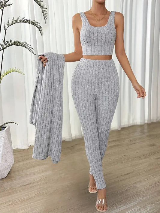 Women's Versatile Three-Piece Jumpsuit Set with Cardigan