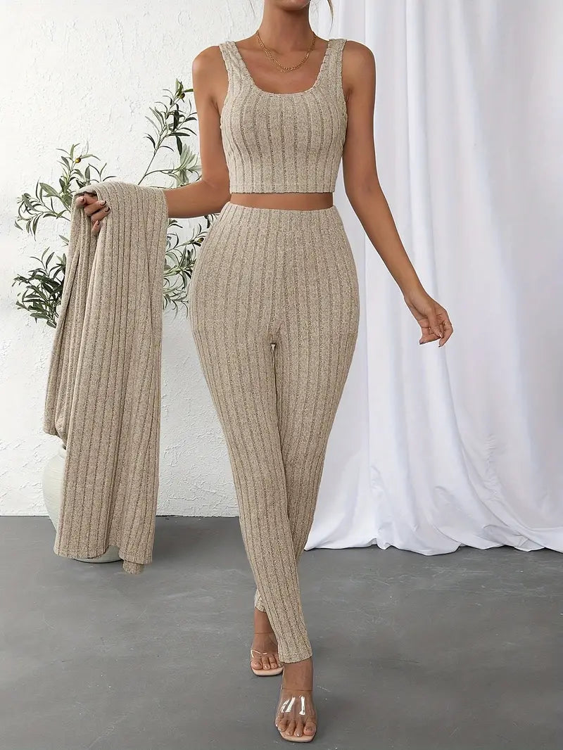 Women's Versatile Three-Piece Jumpsuit Set with Cardigan
