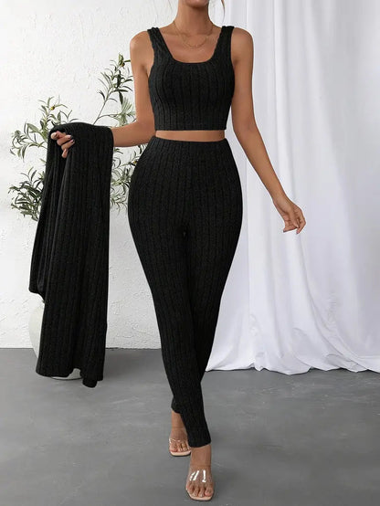 Women's Versatile Three-Piece Jumpsuit Set with Cardigan