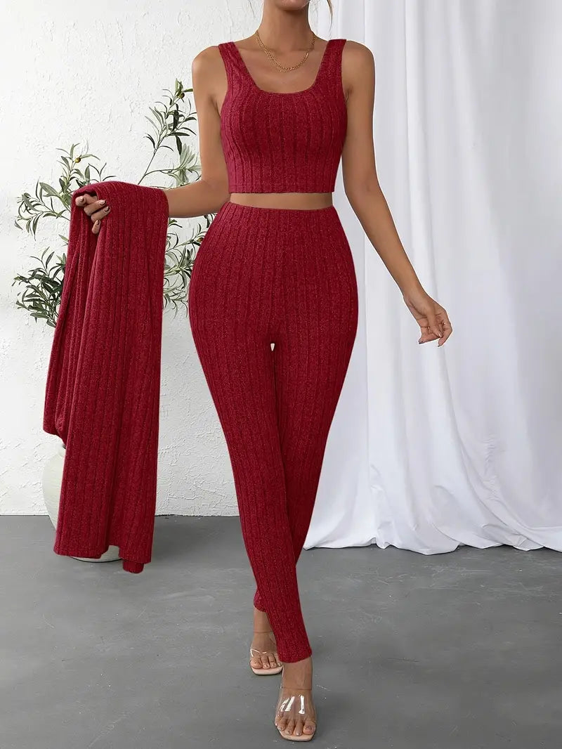 Women's Versatile Three-Piece Jumpsuit Set with Cardigan