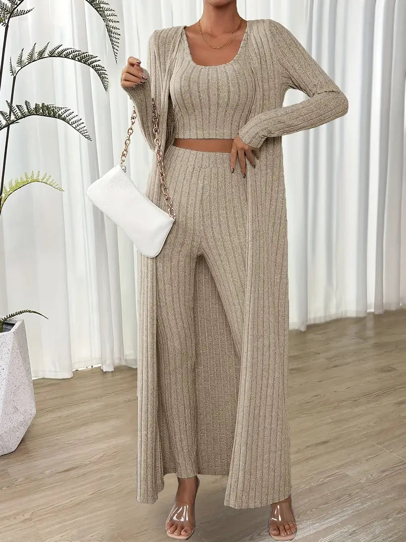 Women's Versatile Three-Piece Jumpsuit Set with Cardigan