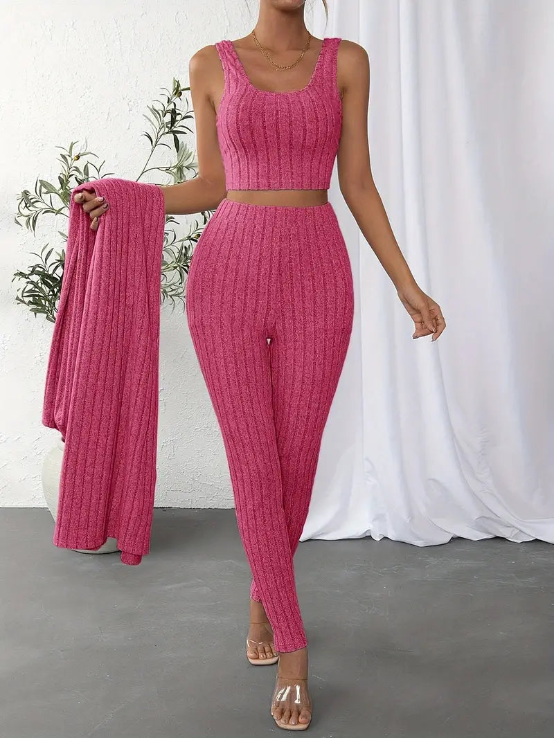 Women's Versatile Three-Piece Jumpsuit Set with Cardigan