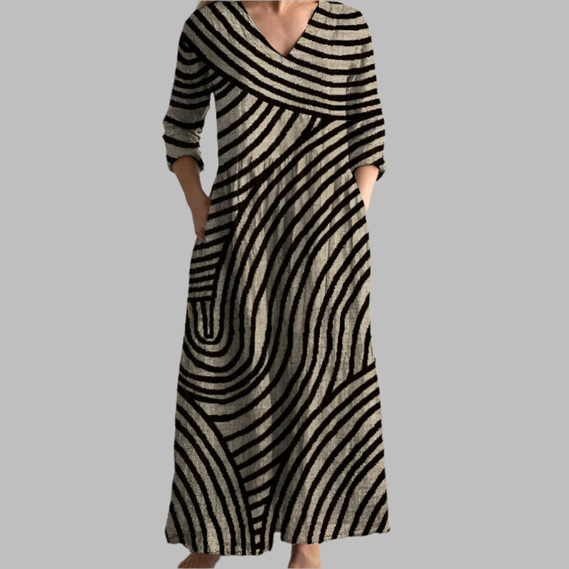 Women's Vintage-Inspired Midi Dress with V-Neckline and Functional Pockets