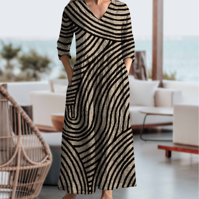 Women's Vintage-Inspired Midi Dress with V-Neckline and Functional Pockets