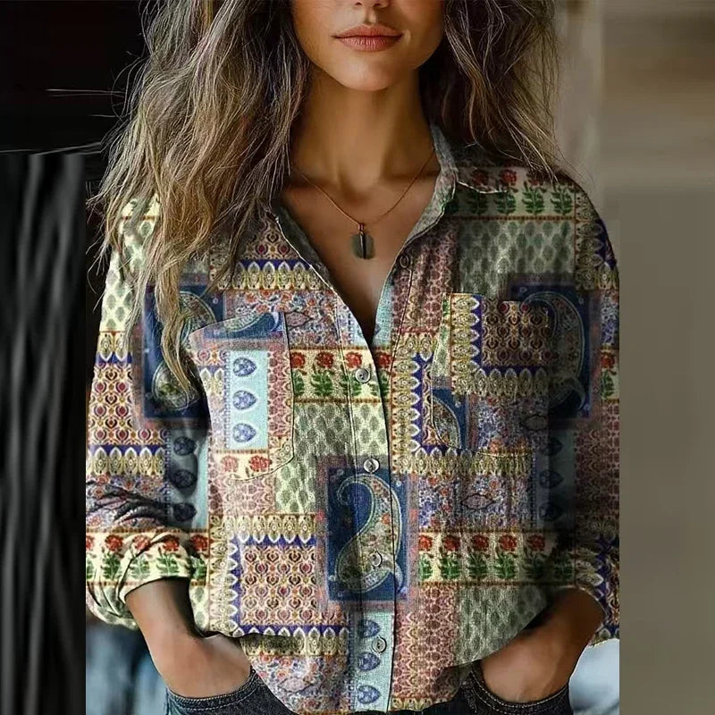 Women's Vintage Bohemian Blouse with Artistic Prints and Relaxed Fit