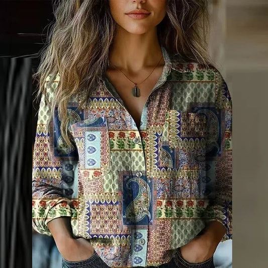 Women's Vintage Bohemian Blouse with Artistic Prints and Relaxed Fit