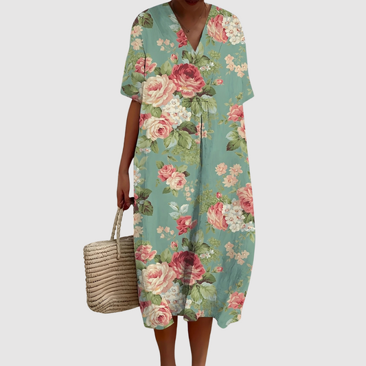 Women's Vintage Floral Midi Dress with V-Neckline and Short Sleeves