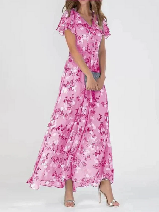 Floral Chiffon Maxi Dress with Flowing Sleeves and Elegant V-Neck