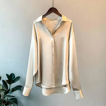 Women's Elegant Satin Long Sleeve Blouse with Collar | Ideal for Spring/Summer