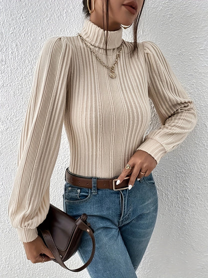 Women's Elegant Beige Ribbed Turtleneck Jumper | Ideal for Autumn/Winter