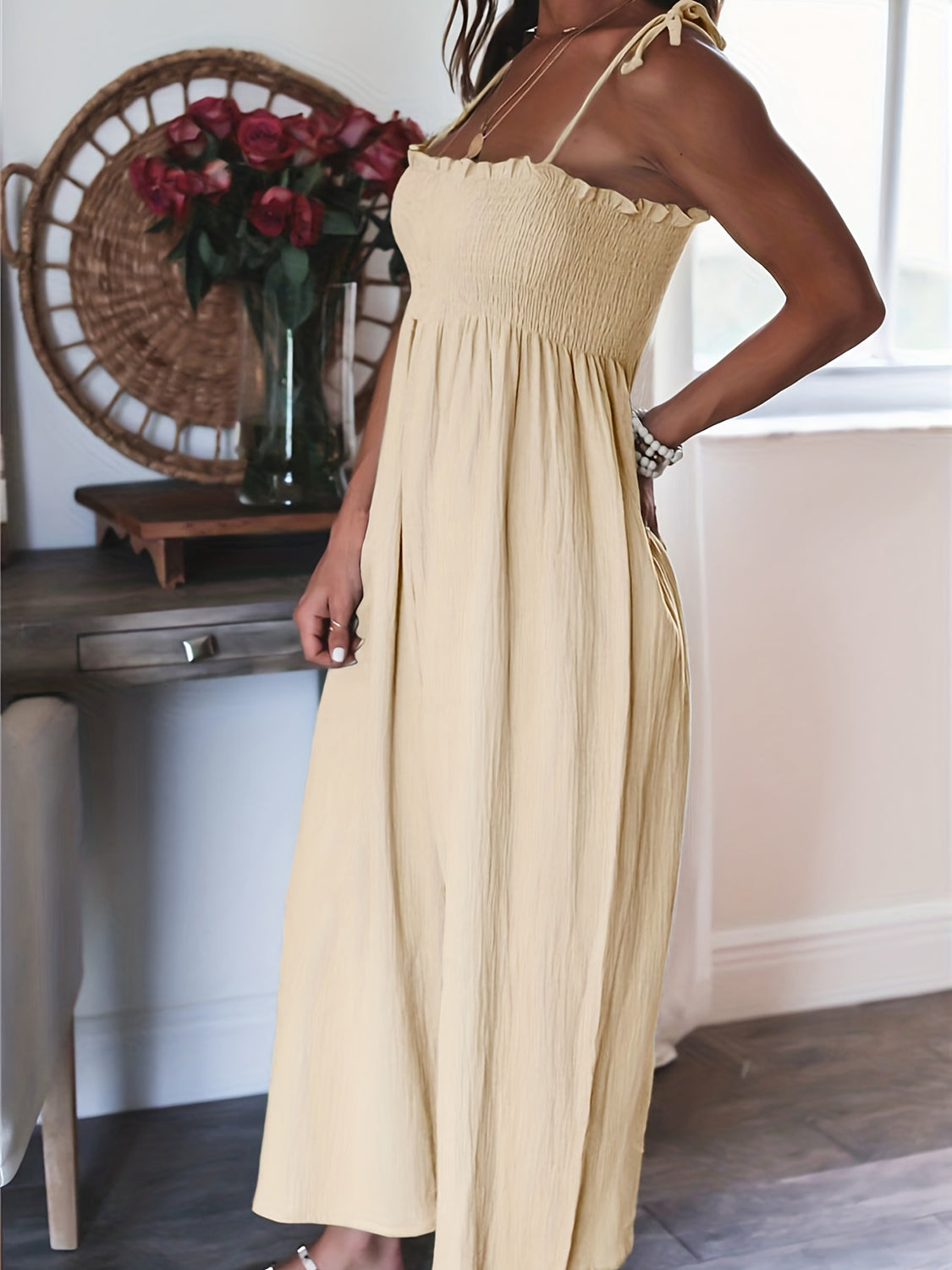 Women’s Relaxed Wide Leg Smoked Jumpsuit with Draw String Sleeve | Great for Casual Days
